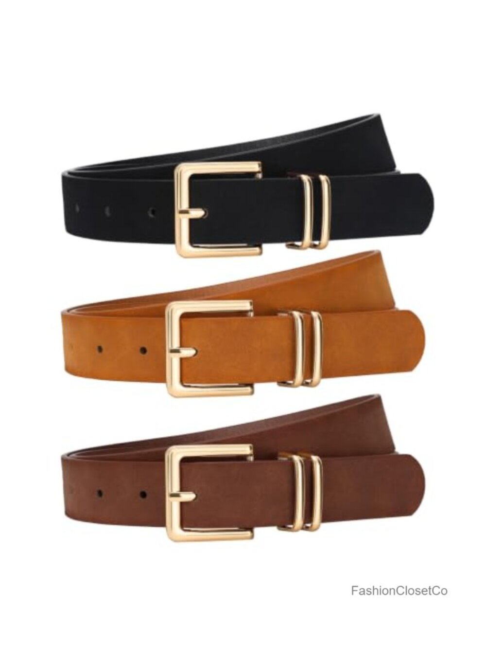 3 Pack Women Faux Leather Belts Gold Square Buckle Jeans Pants Dresses